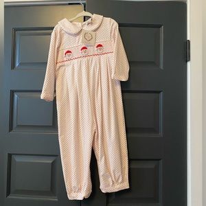 NWT Cecil and Lou Christmas outfit. Polka dots with 3 Santa smocked front